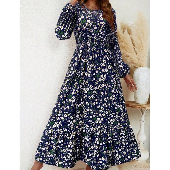 Boho Lantern Long Sleeve Floral Dress Blue - Picture 1 of 9